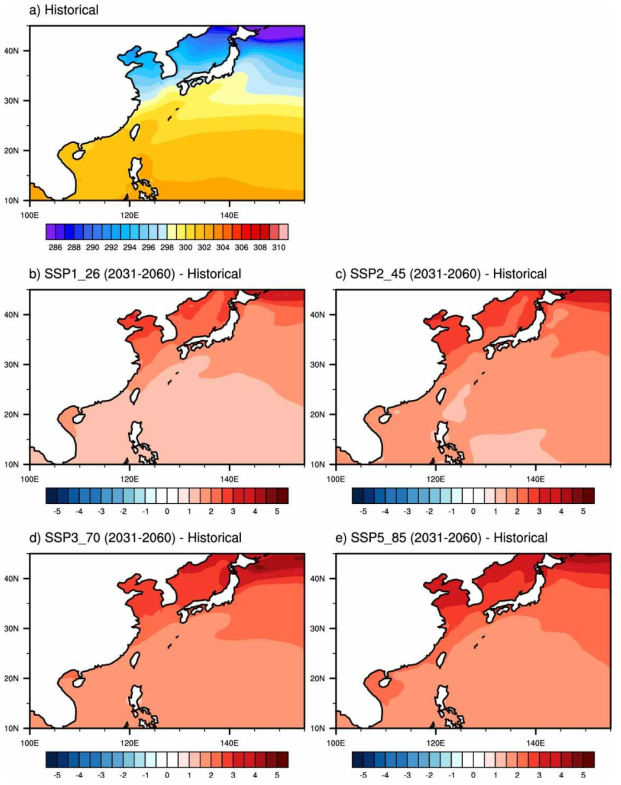 Sea surface temperature (K) from June to November for (a) climatological mean for historical run (1985-2014) and differences between (b) SSP1_26, (c) SSP2_45, (d) SSP3_70, and (e) SSP5_85 scenarios (2031-2060) and historical run