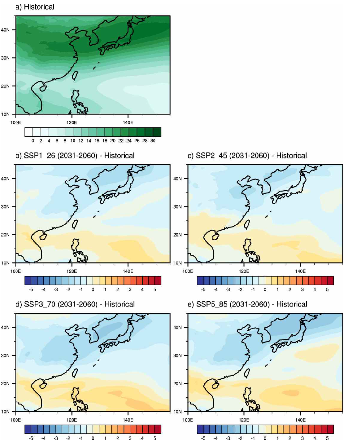 (수식)Vertical wind shear (m s- ) from June to November for (a) climatological mean for historical run (1985-2014) and differences between (b) SSP1_26, (c) SSP2_45, (d) SSP3_70, and (e) SSP5_85 scenarios (2031-2060) and historical run