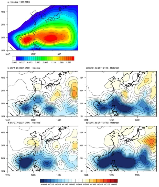 TC track density for (a) climatological mean of historical run (1985-2014) and differences between (b) SSP1_26, (c) SSP2_45, (d) SSP3_70 and (e) SSP5_85 and historical run for period of 2071-2100