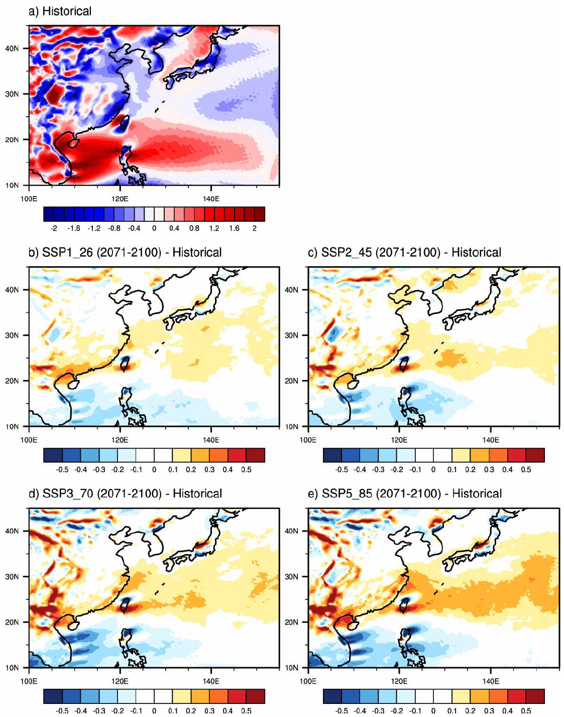 (수식)850 hPa relative vorticity (10- s- ) from June to November for (a)climatological mean for historical run (1985-2014) and differences between (b) SSP1_26,(c) SSP2_45, (d) SSP3_70, and (e) SSP5_85 scenarios (2071-2100) and historical run