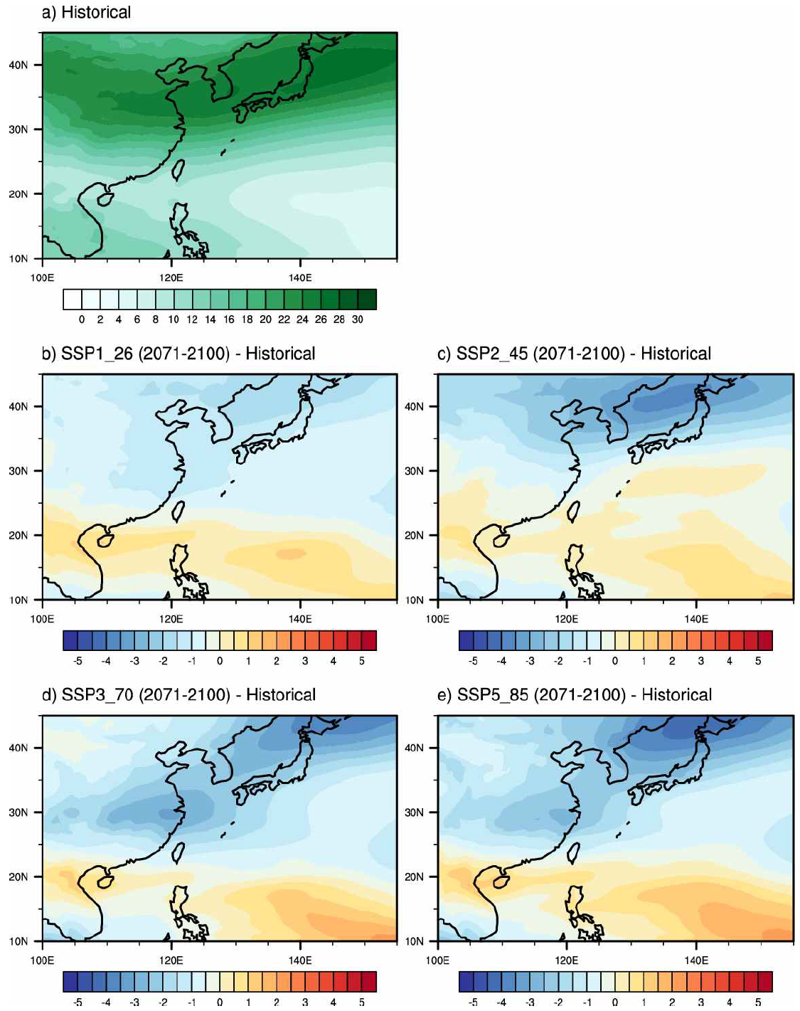 (수식)Vertical wind shear (m s- ) from June to November for (a) climatological mean for historical run (1985-2014) and differences between (b) SSP1_26, (c) SSP2_45, (d) SSP3_70, and (e) SSP5_85 scenarios (2071-2100) and historical run