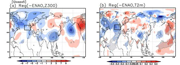 초겨울(ON) 북동대서양 해수면 온도(-ENAO)와 관련된 (a) 상층 지위고도, (b) T2M 온도 패턴. 95% 유의한 구역은 빗금으로 나타냄. 모든 변수들은 linear trend를 제거하였음. 검은색 실선 박스는 ENAO 지역을 나타냄
