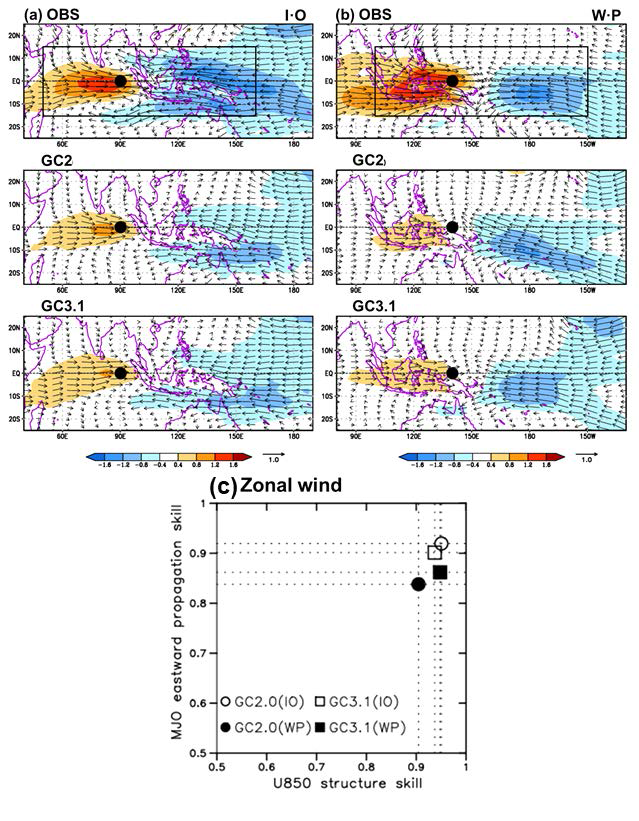 (a) 인도양(IO: 10°S–10°N, 80°–100°E)과 (b) 서태평양(WP: 10°S–10°N, 130°–150°E) 중심에서 20-70일 OLR 회귀계수로 산출된 관측, GC2, GC3.1 모델의 하층(850hPa) 바람(벡터, ms-1)과 풍속(음영, ms-1) 분포. (c) 각 영역에서의 OLR과 하층 동서바람의 상관계수 분포. Y축의 상관계수는 (10°S-10°N, 50°E –180°) OLR에 대해 계산되었고 X축의 하층바람은 인도양(IO, 15°S-15°N, 50°–160°E)과 서태평양(WP, 15°S-15°N, 100°E-150°W)으로 계산되었음