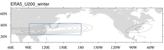 ERA5 재분석 자료를 이용한 겨울철(11월~4월) 평균 상층(200hPa) 아열대제트의 위치 및 지수를 계산하기 위해 정의한 구역(네모박스)