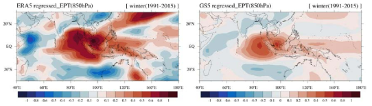 EIO 강수량에 회귀분석된 850hPa의 상당온위 편차의 수평 분포. 왼쪽 패널은 ERA5, 오른쪽 패널은 GS5의 결과를 나타냄