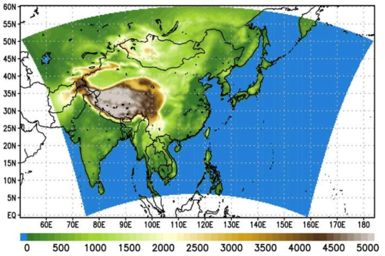 Model domain and terrain height (m)