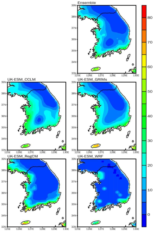 Spatial distribution of TD by 4 RCMs in the mid 21st century (2025-2049) according to the SSP1-2.6 over South Korea. Ensemble indicates the simple ensemble of 4 RCMs