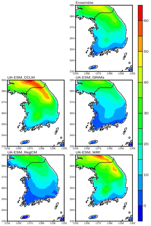 Spatial distribution of ID by 4 RCMs in the mid 21st century (2025-2049) according to the SSP1-2.6 over South Korea. Ensemble indicates the simple ensemble of 4 RCMs