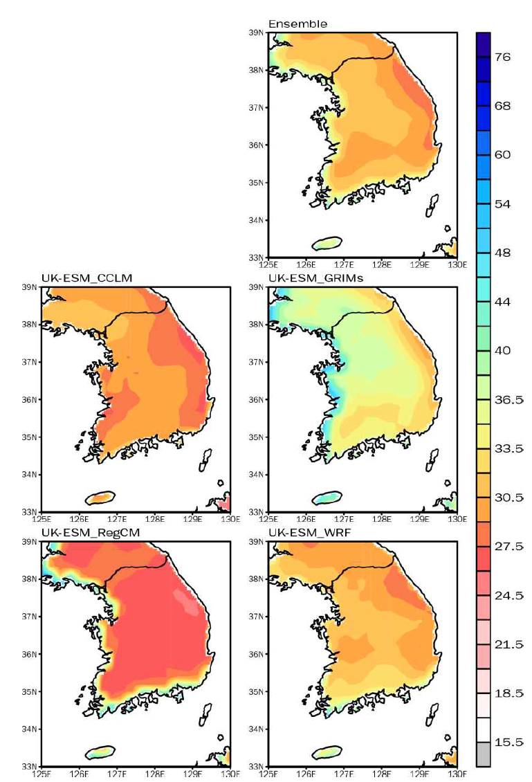 Spatial distribution of TX95P by 4 RCMs in the mid 21st century (2025-2049) according to the SSP1-2.6 over South Korea. Ensemble indicates the simple ensemble of 4 RCMs