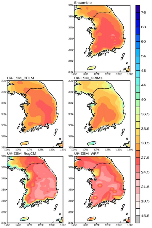 Spatial distribution of TN95P by 4 RCMs in the mid 21st century (2025-2049) according to the SSP1-2.6 over South Korea. Ensemble indicates the simple ensemble of 4 RCMs