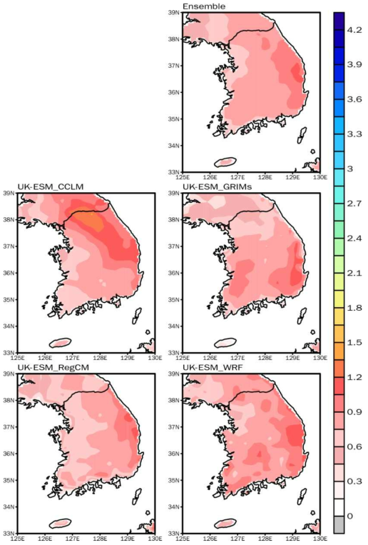 Spatial distribution of TN05P by 4 RCMs in the mid 21st century (2025-2049) according to the SSP1-2.6 over South Korea. Ensemble indicates the simple ensemble of 4 RCMs