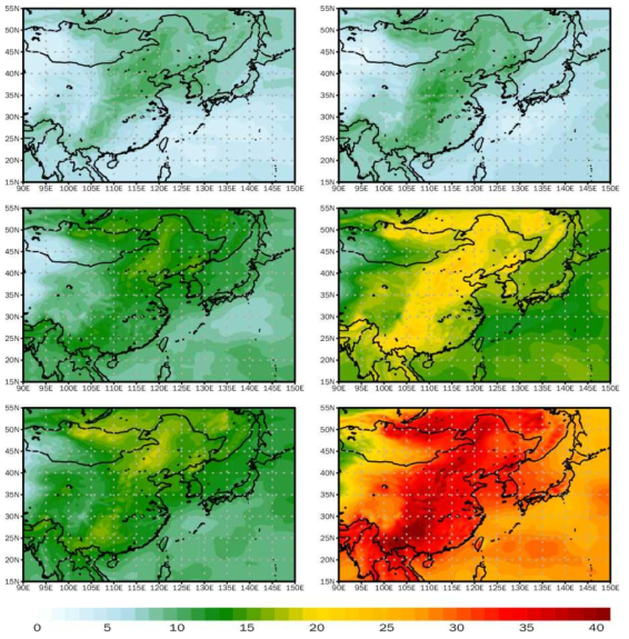 Spatial distribution of precipitable water in JJA (mm) compared to the historical (1979-2014) climate according to SSP1-2.6 and SSP5-8.5. First line is first half of the 21st (2015-2040) century, second line is mid 21st (2041-2070) century and third line is late 21st (2071-2100) century