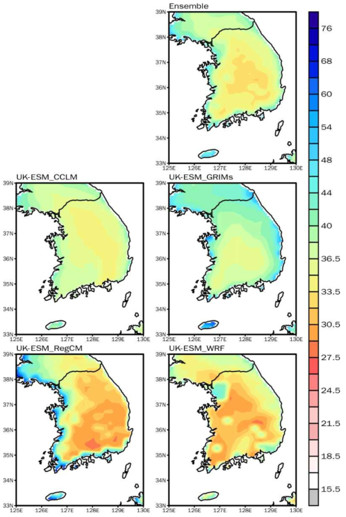 Spatial distribution of TN95P by 4 RCMs in the late 21st century (2075-2099) according to the SSP1-2.6 over South Korea. Ensemble indicates the simple ensemble of 4 RCMs