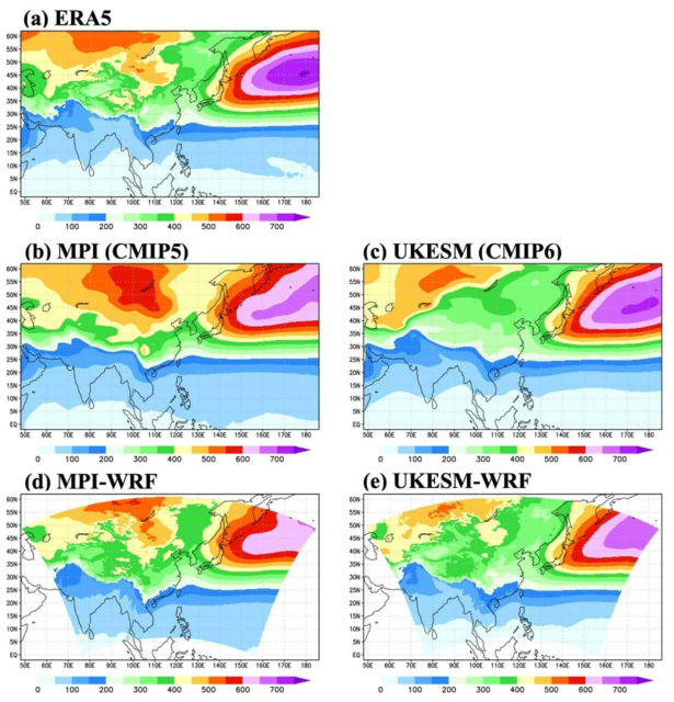 Averaged fields for DJF from 1982 to 2005 for the bandpass standard deviations of sea level pressure from the (a) ERA5 analysis, (b) MPI-ESM-LR, (c) UKESM, (d) WRF forced MPI, and (e) WRF forced UKESM (unit: hPa)