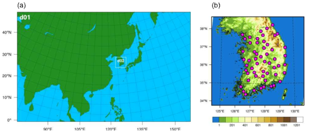 (a) WRF domain of CPM experiment and (b) Topography (m) of Domain 2 and 55 ASOS stations (pink dot)