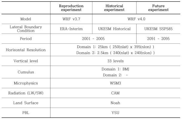 Configuration of WRF model for each CPM experiment