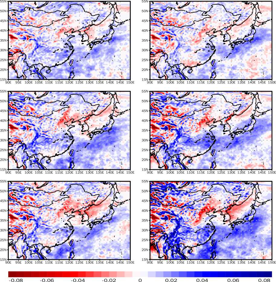 Spatial distribution of vertical velocity at 700 hPa in JJA (Pa s-1) compared to the historical (1979-2014) climate according to SSP1-2.6 and SSP5-8.5. First line is first half of the 21st (2015-2040) century, second line is mid 21st (2041-2070) century and third line is late 21st (2071-2100) century