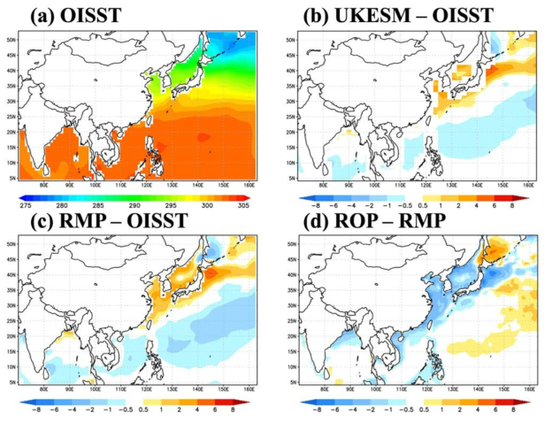 Averaged sea surface temperature during JJA from 1999 to 2003 for (a) OISST and sea surface temperature difference between (b) UKESM and OISST, (c) GRIMs-RMP and OISST, and (d) GRIMs-ROP and GRIMs-RMP