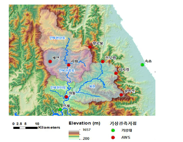 인북천 유역 영향권 내 기상 관측지점 분포현황