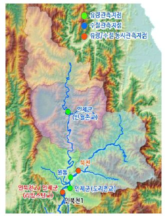 인북천 유역 내 유량, 수질 국가측정망의 분포