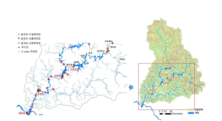 시험유역(Test bed-소양강댐 유역을 포함한 북한강유역) 및 유역 내 국가측정망 지점