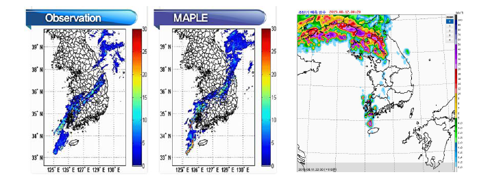 기상레이더 관측자료와 MAPLE 자료 비교와 기상청 초단기 강수예측 시스템 제공화면(기상청)