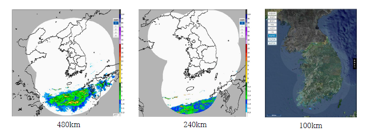 기상레이더(480, 240km) 및 강우레이더(100km) 관측반경 비교