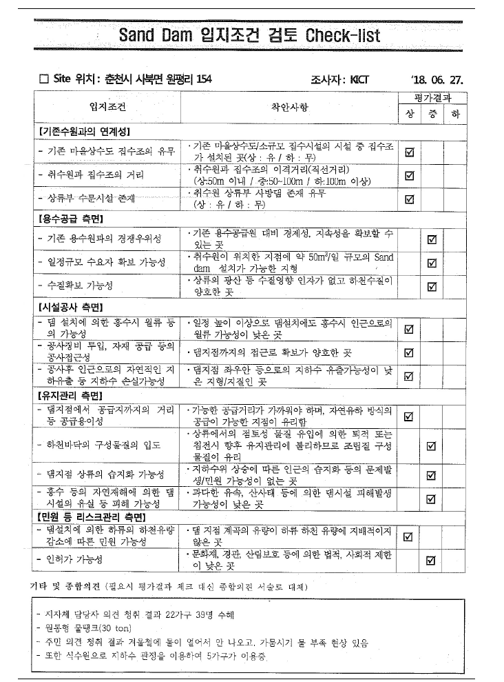 Sand 댐 입지조건 검토 체크리스트 작성 예시