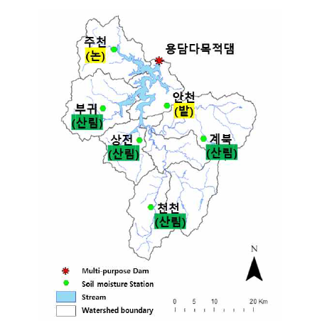 용담댐 유역도 및 유역의 토양수분 관측지점