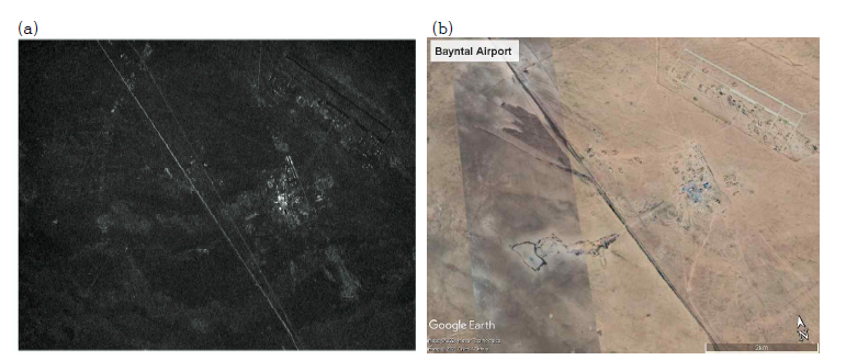 공항 및 인공구조물 분포 지역의 SAR 복원 영상 및 영상지도 비교: (a) 구현된 Chirp-scaling 알고리즘으로 제작된 SAR 영상 및 (b) 해당지역 Google Earth 광학 영상