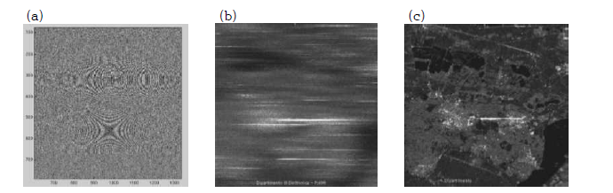 (a) Raw SAR data, (b) Range compressed data, (c) SAR 영상(Range & Azimuth compressed data)