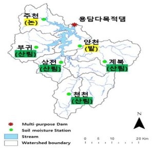 용담댐 유역도 및 유역의 토양수분 관측지점