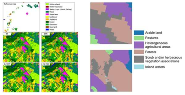 딥러닝을 적용한 Crop type 분류 결과(좌) 및 에스토니아 지역의 Corine land cover 분류 결과 예시 (Kussul et al., 2017; Ulmas and Liiv, 2020)
