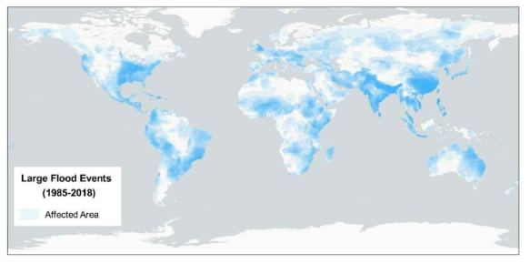 1985~2018년까지의 전세계 홍수 빈도수 (Dartmouth Flood Observatory)