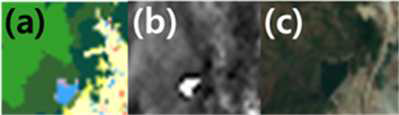 저수지 영역 영상 (a) 토지피복지도, (b) SAR영상, (c) Google Earth