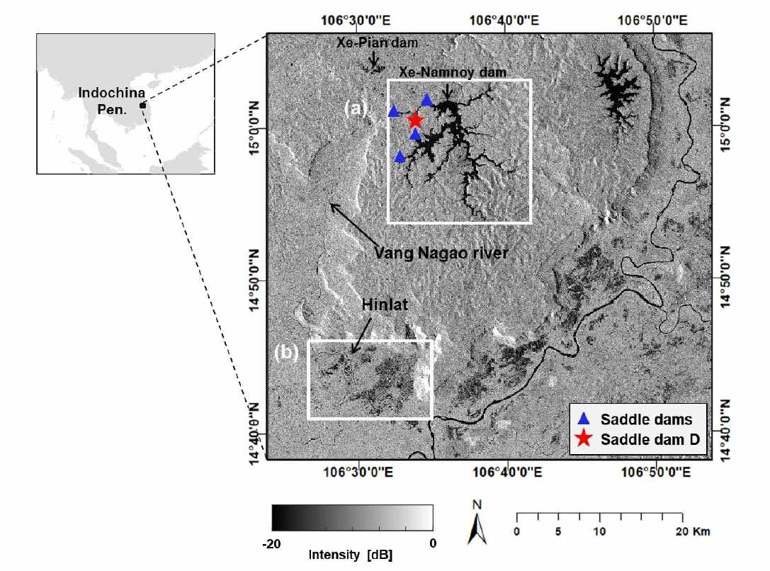 연구 장소의 위치를 보여주는 연구 지역의 지도. (a) Xe-Namnoy 저수지, (b) Hinlat 지역. 4개의 안장댐은 파란색 삼각형으로 표시됩니다. 2018년 7월 23일 붕괴된 Saddle Dam D는 붉은 별로 표시