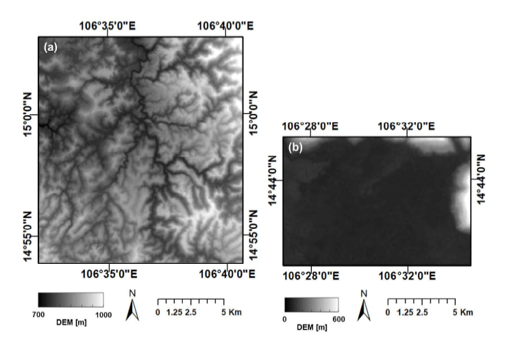연구지역의 지형정보, (a) Xe-Namnoy 저수지, (b) Hinlat 지역의 DEM.