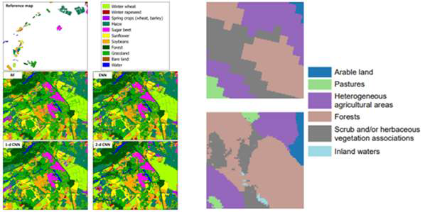 딥러닝을 적용한 Crop type 분류 결과(좌) 및 에스토니아 지역의 Corine land cover 분류 결과 예시 (Kussul et al., 2017; Ulmas and Liiv, 2020)
