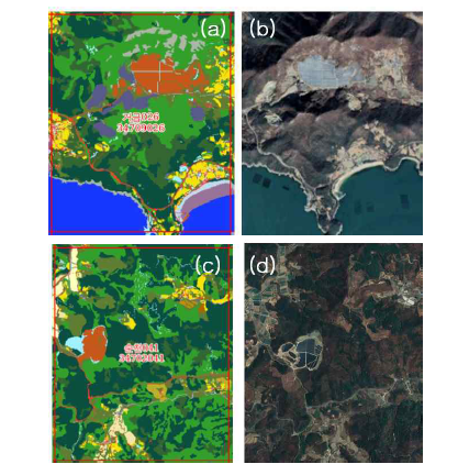 거금도 (a)토지피복지도(거금026), (b)거금 026해당 광학영상(Google earth), (c) 토지피복지도(순천 041), (d) 순천 041해당 광학영상(Google earth)