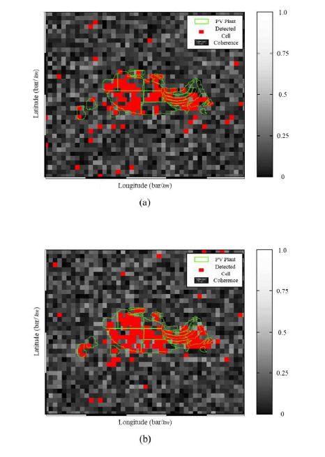 Close view of a detected result of the study area cantered over PV plant site. (a) Apr 27, 2020 to May 09, 2020. (b) Apr 27, 2020 to Nov 29, 2020.