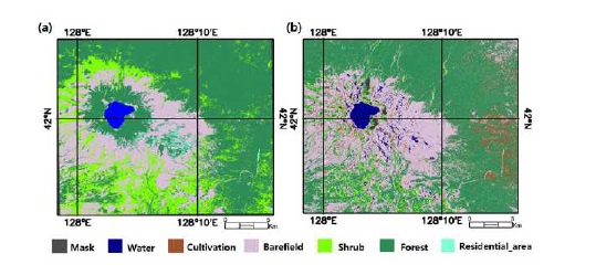 landcover classifications(2009. 08. 29). (a) 광학위성 (EO-ALI), (b) InSAR(ALOS PALSAR) (Yun et al., 2014)