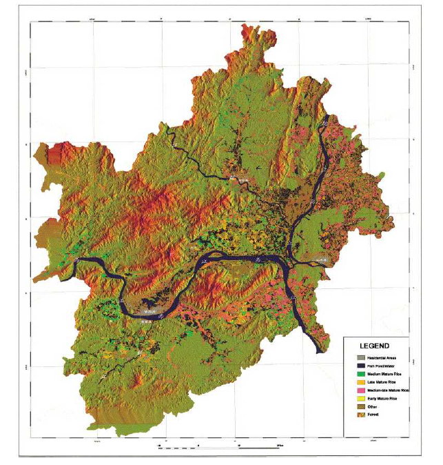 쌀 생산량 분포도, 중국 자오칭시 일대, 1997, (Shao et al. 2001)