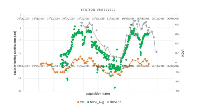 Sentienl-1 VH 편파, Sentinel-2의 NDVI, 그리고 고도 1,500m 초원지역에 위치한 기상 스 테이션(Vimes 15000)에서 관측된 경향을 비교, (Notarnicola et al. 2017)