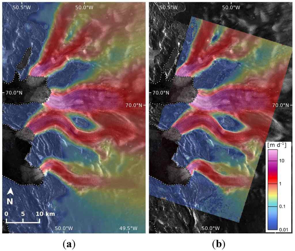 (a) Sentinel-1, 2015년 1월 3일부터 15일까지의 SAR 데이터에서 산출된 Disko Bugt 지역의 빙하 속도, (b) TerraSAR-X, 2014년 12월 9일부터 20일까지 빙하 속도, 점선은 해안선, (Nagler et al. 2015)