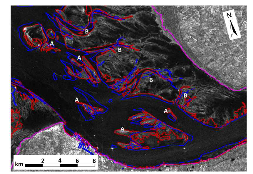 바덴해 하천어귀의 Sentinel-1 IW 영상, 빨간색 선은 알고리즘에서 찾은 수체 경계선, 파란색 선은 수심 측량에 따른 LAT(Lowest Astronomical Tide) 수위, 보 라색 선은 SWBD(SRTM Water Body Data)의 해안선, 이동된 모래 제방(A), 조수의 유 입구(B), (Wiehle, Lehner, and Pleskachevsky 2015)