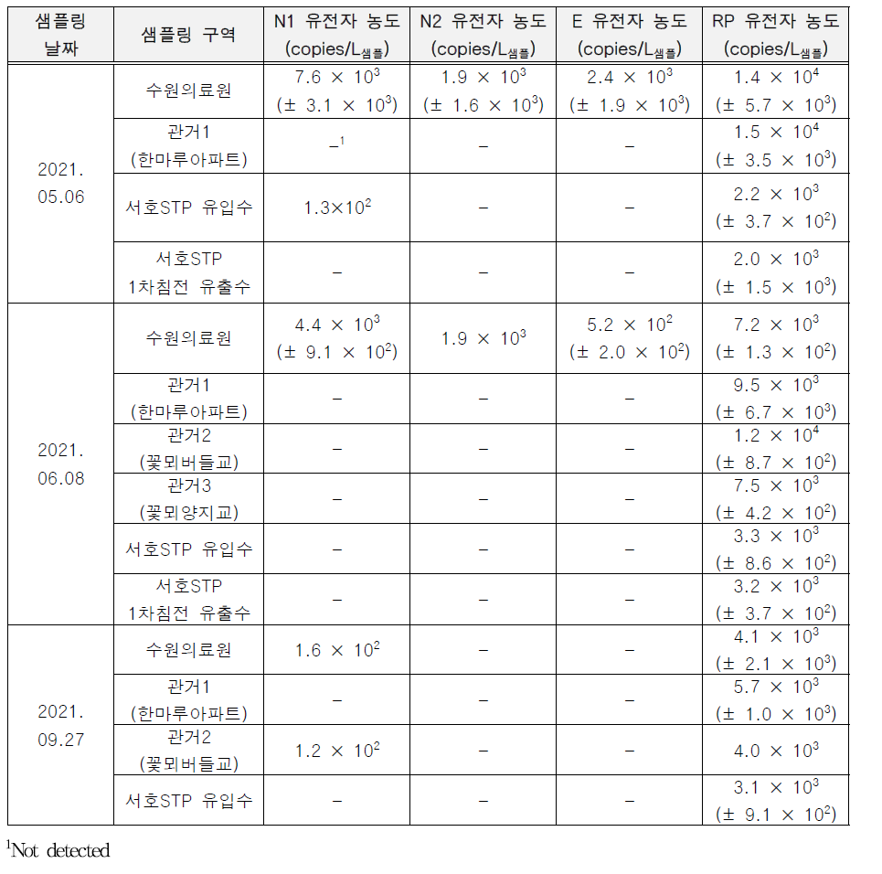 수원지역 하수 샘플 내 코로나바이러스 유전자 검출 (RT-qPCR)