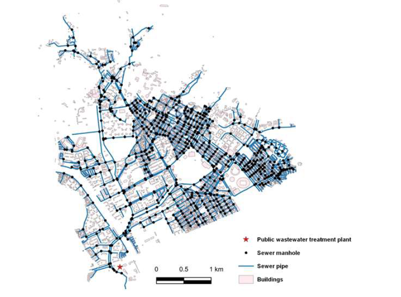 대상지역의 하수관망 및 맨홀 네트워크 구성