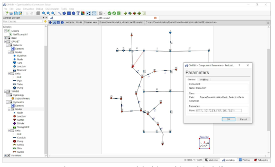 OpenModelica 기반 상수도, 하수도 연결 화면