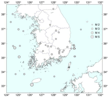 2021년 남한지역 발생 규모 2.0 이상 지진 위치