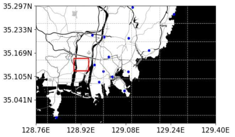 부산 국가시범도시를 포함하는 포괄적 영역(빨간색 네모)과 기상청 AWS, ASOS의 위치 (파란색)